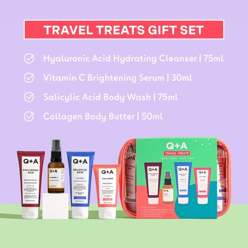 Q+A Travel Treats Gift Set, 4-Piece Skincare & Bodycare Minis with Travel Bag, Hydrating Fcaial Cleanser (75ml), Vitamin C Serum (30ml), Salicylic Acid Body Wash (75ml) & Collagen Body Butter (50ml)