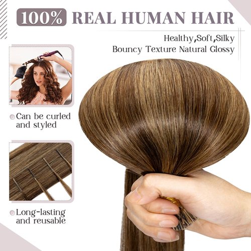 Rich Choices I Tip Hair Extensions Human Hair,100 Strands 0.5g/Strands,100% Real Remy Human Hair Extension Pre Bonded Keratin Stick In 16 Inch #4P27 Medium Brown Highlight Dark Blonde