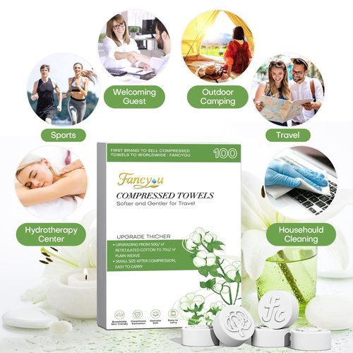 Fancyou Thickened Compressed Towel Tablets 100 Pcs, Ultra-Soft & Portable Disposable Facial Towels, Mini Coin Quick-Expand Washcloths for Daily Cleansing, Travel, Gym, Camping & Sensitive Skin Care