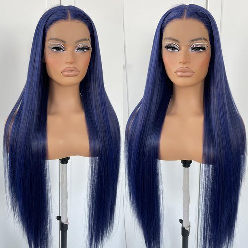 MITIMES Blue Straight HD Lace Front Wig Pre-Plucked Glueless Synthetic Dark Blue Lace Front Wig For Fashion Women Transparent Lace Front Wig For Cosplay Party