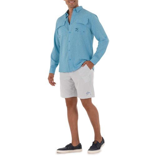Guy Harvey Men's Long Sleeve Heather Textured Cationic Fishing Shirt, Bonnie Blue, Large