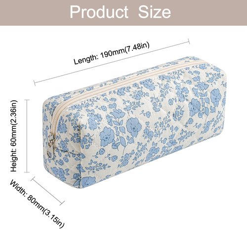 WHHJM Cute Floral Makeup Brush Bag Small Cotton Quilted Cosmetic Bag for Women Travel Toiletry Zipper Make Up Pouch (Blue Floral)