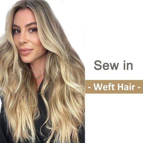 Sew in Hair Extensions Real Human Hair Ash Blonde with Platinum Blonde Highlights Weft Extension Real Remy Color Double Weft Full Head Straight Weaves Hand Tied Extensions for White Women 14 Inch