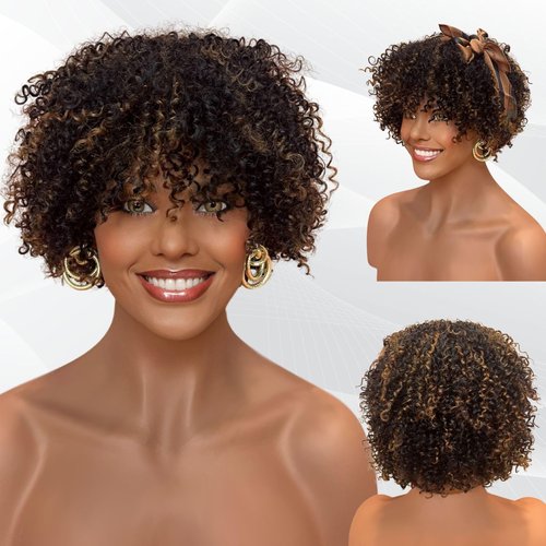 MPS Kinky Curly Wig with Bangs Blonde Highlight Wigs 3C-4A Coily Afro Curl Human hair Wig Short Human Hair for Black Women Ready to Wear