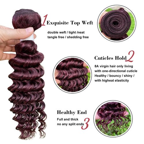 REMY HAIR Human Hair Bundles Red Deep Wave Bundles Colored #99j Burgundy Deep Weave One Bundle 14 Inch Brazilian Virgin Human Hair Extensions for Black Women