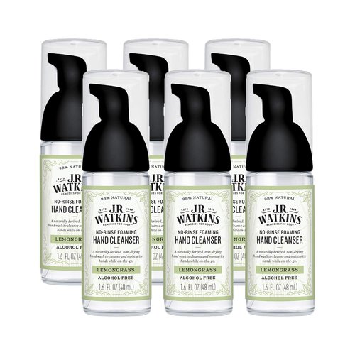 J.R. Watkins No-Rinse Foaming Hand Cleanser – Hand Soap in Pump Dispenser – Bathroom & Kitchen Foam Cleaner – All Natural, Alcohol Free, Lemongrass, 1.6 fl. Oz., 6 Pack