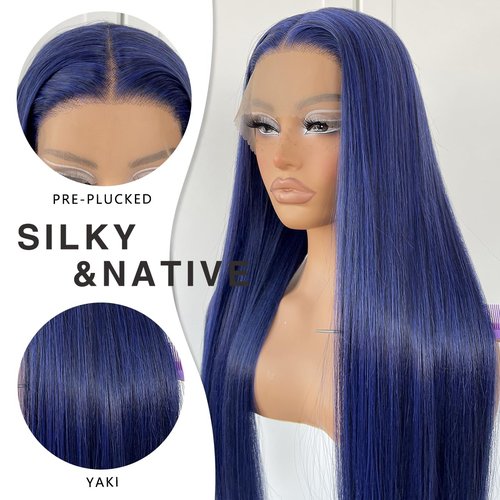 MITIMES Blue Straight HD Lace Front Wig Pre-Plucked Glueless Synthetic Dark Blue Lace Front Wig For Fashion Women Transparent Lace Front Wig For Cosplay Party