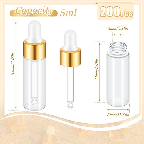 Didaey 200 Pcs Mini Glass Oil Dropper Bottle Bulk, Clear Essential Small Empty Bottles Sample Containers Perfume Liquid Vials with Cap for Traveling (5 ml,Gold)