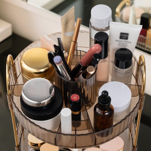 Fzebys 360 Rotating Makeup Organizer for Vanity,3 Tier Large Capacity Skincare Organizers,Bathroom Counter Organizer, transparent Spinning Perfume Organizer & Vanity Organizer (Gold-3 Tier)