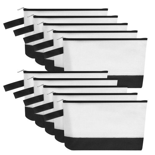 Sinzip 10 Pieces Cotton Canvas Makeup Bag with Bottom and Strap, Multi-Purpose Cosmetic Bag with Zipper Travel Toiletry Pouch, Blank DIY Craft Bag (White&Black, M)
