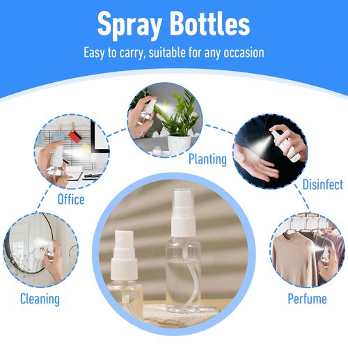 Meyeyaia 90PCS Small Travel Spray Bottle Bulk 1oz/30ml Clear Fine Mist Spray Bottles Plastic Refillable Mini Empty Bottles for Toiletries Perfume Plant Care Home Cleaning