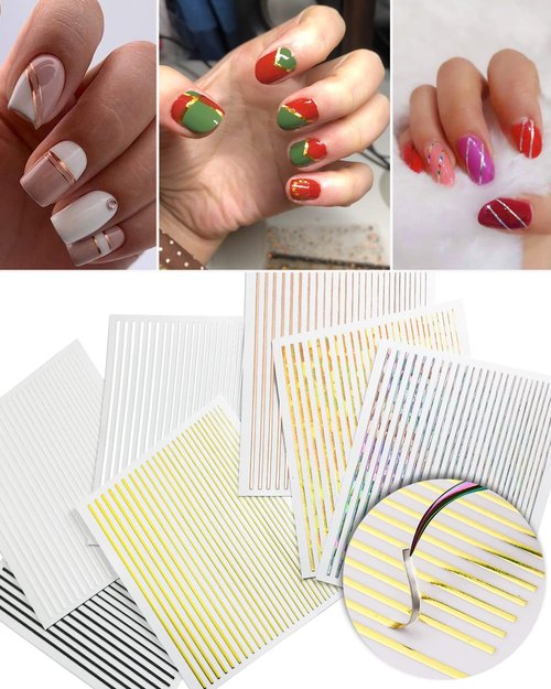 7 Sheets Nail Striping Tape Metallic Lines French Tip Manicure Strip Adhesive Holographic Foil Design Gold Sticker Decals for Nail Art