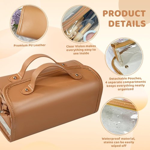 Poyetiz Toiletry Bag for Women, Travel Makeup Bag,Portable 4-in-1 Foldable Cosmetic Bag Detachable Pouches (Brown)