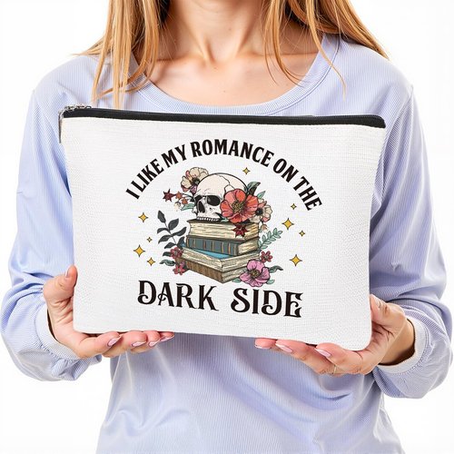 Papiailove Dark Romance Makeup Bag Gifts, Spicy Book Lovers Gifts Gothic Skeleton Cosmetic Bag for Women, Dark Romance Merch Skull Bag Goth Purse for Bookworm Adult I Like My Romance On The Dark Side