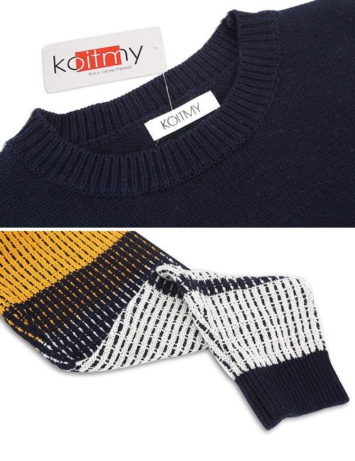 koitmy Women's Cute Contrast Sleeve Knitted Pullover Sweater Navy