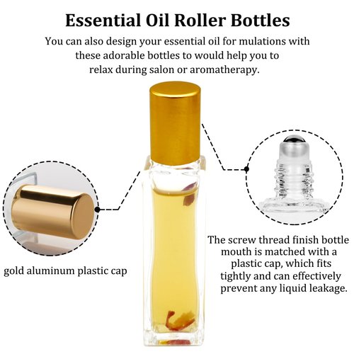 Hzmssore 25 Pcs 10 ml Roller Bottles for Essential Oils, Square Thick Empty Glass Roller Bottles with Stainless Steel Roller Balls Protection Leakproof with 2 Funnel for Travel, Gold