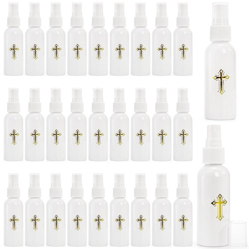 Hiceeden 30 Pcs 60ML Spray Bottles with Gold Cross Pattern, Empty Plastic Catholic Water Container, Portable Water Bottles for Halloween Easter Party, White (2oz)