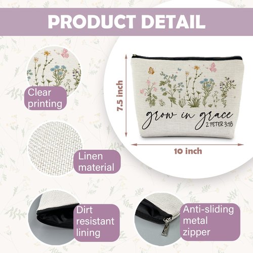 RYYCDOI Christian Floral Makeup Bag Pouch, Grow in Grace 2 Peter 3:18, Religious Christian Gifts for Women, Bible Verse Gifts, Bible Verse Cosmetic bag