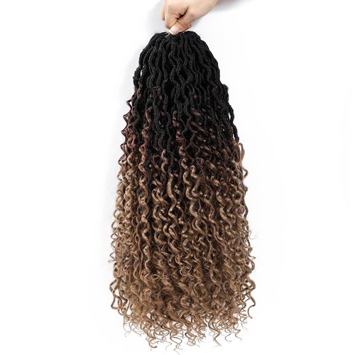 24 Inch Ombre Goddess Locs Crochet Hair 8 Packs Faux Locs Crochet Hair for Women 3 Tone River Locs Hair with Curly Ends Synthetic Style (#1B/30/27)