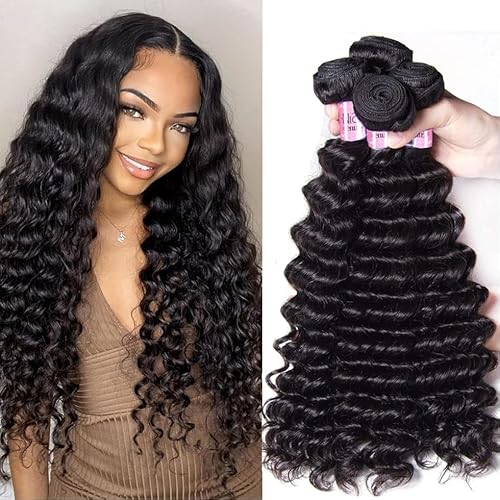 UNICE Deep Wave Human Hair 3 Bundles 16 18 20 inch Unprocessed Brazilian Raw Virgin Hair Quick Weave Extensions for Sew in Natural Color