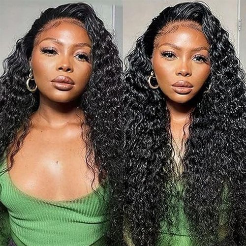 Bafamiya Natural Black Deep Wave Human Hair Wig 4x4 Lace Wig 20 Inch 200% Density Natural Black Wet and Wavy Lace Front Wigs with Baby Hair Pre Plucked For Black Women
