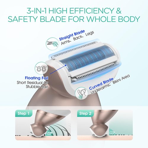 VOYOR Electric Razors for Women 4 in 1 Bikini Trimmer, Foil Shaver for Women 4 Replacement Heads for Body, Pubic Hair Trimmer, Cleansing, Massage 2 Adjustable Speeds Rechargeable Shaver ES501 (Gold)