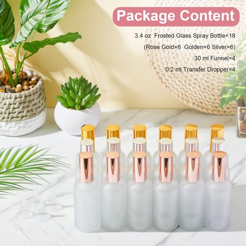 Teenyyou 18 Pack 3.4 oz Glass Spray Bottles, Empty Perfume Frosted Fine Mist Atomizer, Refillable Small Travel Containers for Cleaning Products, Essential Oils, Body Sprays- Gold, Rose Golden, Silver