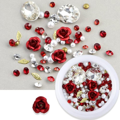 3D Red Rose Flower Nail Art Charms Valentines Nail Charms Romantic Flowers Nails Design Decorations Mixed Shiny Pearl Crystal Gems Nail Rhinestones for Women DIY Valentine Nail Jewelry Accessories