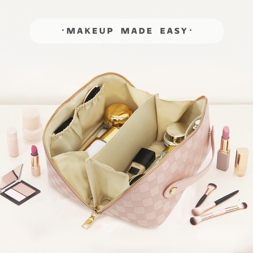 JINYIBAGS Travel Makeup Bag – Large Cosmetic Organizer with Waterproof PU Leather, Smooth Double Zipper & Tear-Resistant Lining, Toiletry Pouch for Women (Pink)