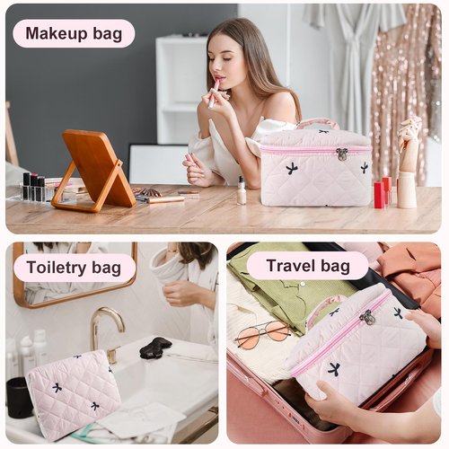 GISMTR 4Pcs Quilted Makeup Bag Set Cute Floral Cosmetic Bag Cotton Coquette Make up Bag Aesthetic Travel Toiletry Bag for Women Girls