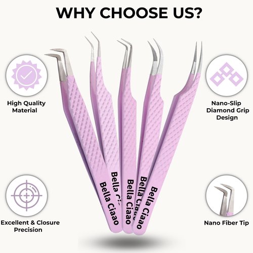 Bella Ciaao Lash Tweezers Pack of 5 – Eyelash Extension Tweezers Set for Professionals