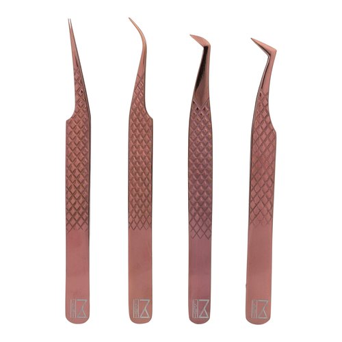M LASH Eyelash Extension Tweezers (Set of 4) - Professional & Precision Lash Tweezers for Eyelash Extensions - Japanese Steel, Diamond Grip, Fiber Tip (Rose Gold)