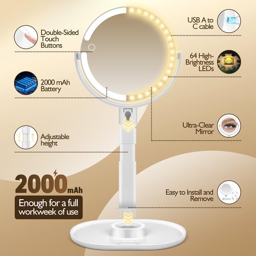 MOMOKUBA Makeup Mirror with Lights, 30X Magnifying & Height Adjustable, Lighted Magnifying Mirror with 3 Light Modes and Stepless Dimming, Vanity Mirrors for Bathroom, Birthday Gift for Women, White