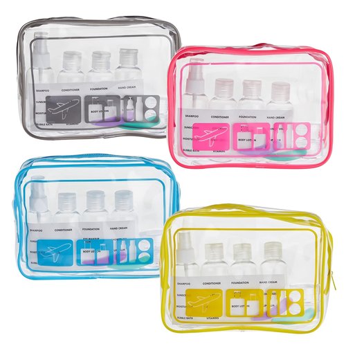 Okuna Outpost Clear Toiletry Bag Set - TSA Approved Bottles - Leak Proof Travel Containers - Versatile Packing Cubes & Travel Organizer - Grey, Yellow, Blue, Red - Pack of 4-7.5 x 2.5 x 5.5 in