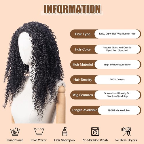 3 in 1 Half Wig Synthetic Hair, Seamless Flip Over Half Wigs Glueless Wear and Go Beginner Friendly Clip In Hair Drawstring Headband Wig for Women 1B, 16-26inch, Kinky Curly (24 inch)