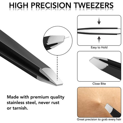 Tweezers Set for Facial Hair Women, 8Pcs Precision Eyebrow Tweezer Nail Clipper Set Eyebrow Pluckers Men for Ingrown Hair Removal(Black)