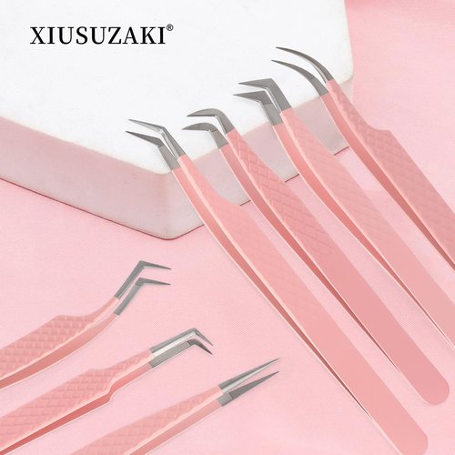 Lash Tweezers For Eyelash Extensions Fiber Tip Lash Tweezers Pink Straight/Curved Tweezer(Pink,X07)