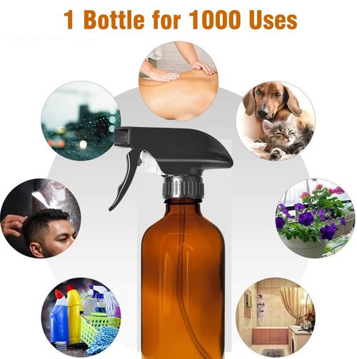 8oz Amber Glass Spray Bottles - 2 Pack Empty Refillable Bottles for Cleaning, Hair Care, Essential Oils, Plants - Includes Durable Nozzle, Labels, Funnel & Dropper, Handheld Size