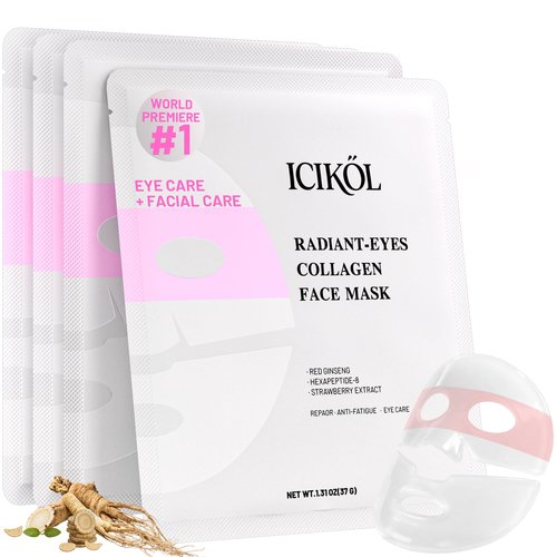 ICIKOL Overnight Collagen Face Mask, Deep Hydrating Sheet Masks for Glass Glow and Skin Lifting Boost, Jelly Facial Mask for Women with Ginseng, Dry Skin, 37gx4ea(Pink)
