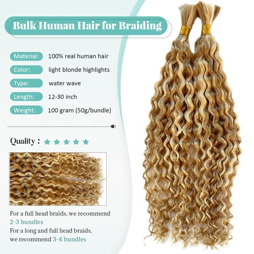 Honey Blonde Highlight Human Braiding Hair for Boho Braids Water Wave Bulk Human Hair for Braiding Ombre Color No Weft 2 Bundles 100G Wet And Wavy Twist Hair Braiding 16 Inch