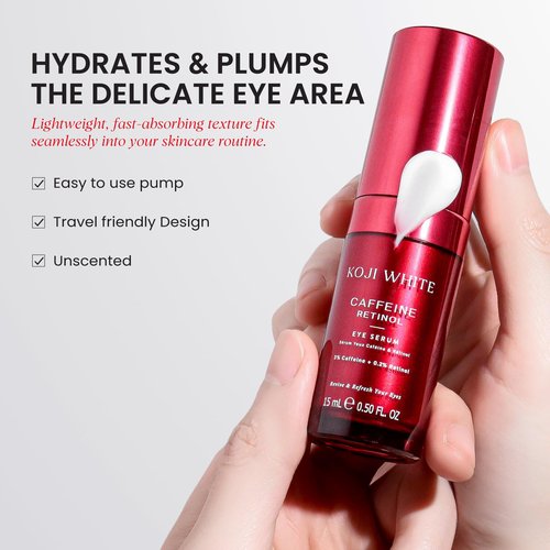 Koji White 3% Caffeine Eye Serum with 0.2% Retinol, Peptides, Hyaluronic Acid & Vitamin C for Puffiness & Dark Circles - Unscented, Vegan, Fragrance-Free 15 ML (0.50 Fl Oz)