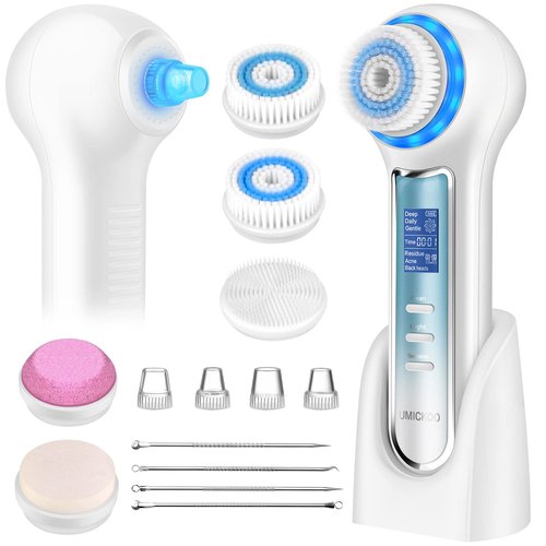 UMICKOO Face Scrubber Exfoliator,Facial Cleansing Brush Waterproof with LCD Screen,Blackhead Remover Vacuum with 5 Brush Heads,Face Spin Brush for Exfoliating (White-Blue)