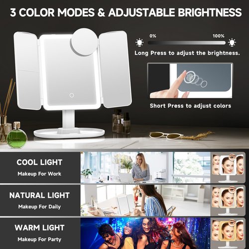 Mocado Makeup Mirror with Lights, 20X/7X/3X Magnifying Mirror with Light,Rechargeable & Height Adjustable Lighted Makeup Mirror,Vanity Mirror with 3 Colors Lights,Detachable Design for Travel(White)