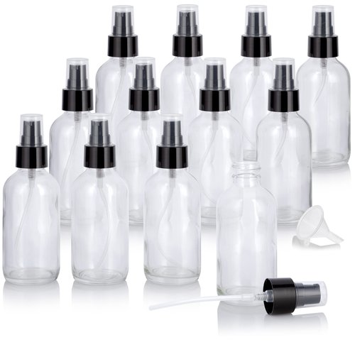 JUVITUS 4 oz Clear Glass Boston Round Bottle with Black Treatment Pump (12 Pack) + Funnel