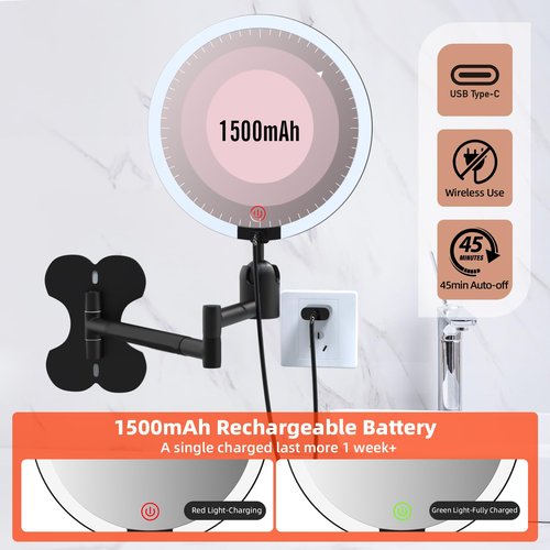 30X/1X Wall Mounted Lighted Makeup Mirror, 6inch Double Sided 1X/30X Magnifying Makeup Mirror with 3 Color Lights, Rechargeable Bathroom 30X Magnification Mirror 360° Rotation Extendable Folding Arm