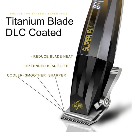 ENCORE THE BARBER Super Fade Professional Hair Clipper for Barbers Fast Clean Blurry Fades | Four Click Lever | Whisper Quiet | Rechargeable Cordless | Over 90 Minutes Run time | Crunchy Blade