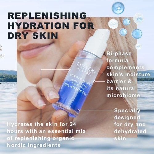 Lumene Nordic Hydra Moisturizing Prebiotic Oil-Cocktail - Nurturing Bi-Phase Face Oil for Dehydrated Skin & Skin Barrier Repair - Essential Nordic Mix & Hydrating Oil for Dry Skin (30ml)
