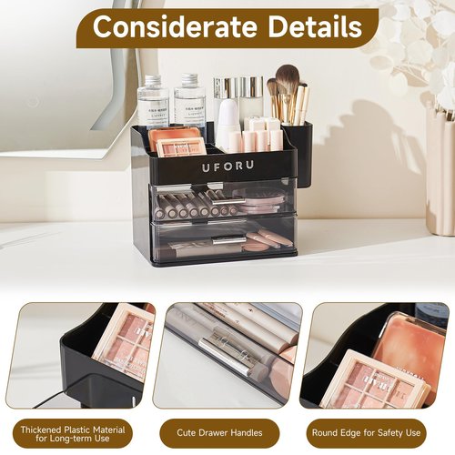 UFORU Makeup Organizer for Vanity with Brush Holder, Countertop Skincare Organizer with 2 Drawers, Spacious Cosmetic Display Case for Perfumes, Cologne, Shaving Lotion