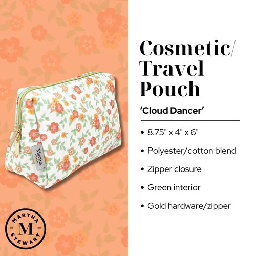 Martha Stewart Quilted Makeup Bag, Compact Cosmetic Organizer for Women, Small Zipper Pouch with PVC Lining, 8.75" x 4" x 6" (Floral Cloud Dancer)