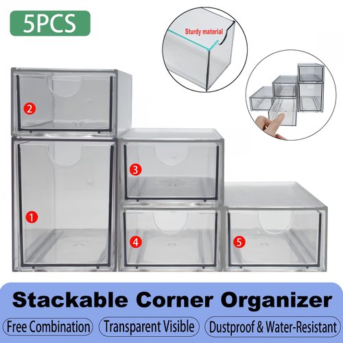 Stackable Storage Drawers Set of 5 Acrylic Storage Drawers Clear Plastic Stackable Organizer Bins for Makeup, Cosmetics,Beauty Supplies,Ideal for Vanity, Bathroom,Cabinet,Pantry Organization